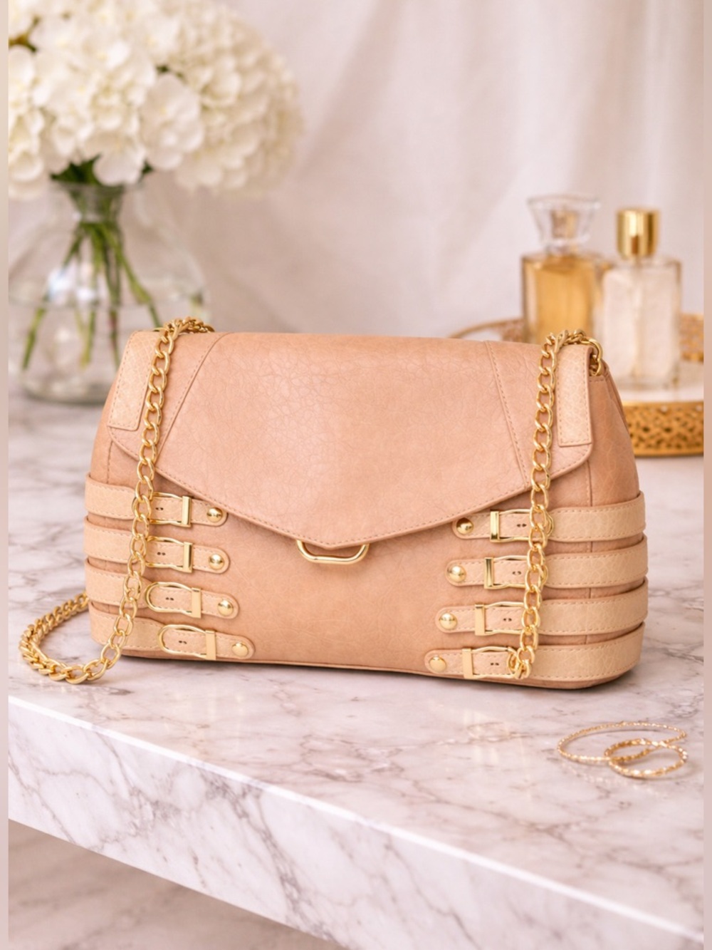 Jimmy Choo Tan Embossed Leather Shoulder Bag Gold Chain clutch